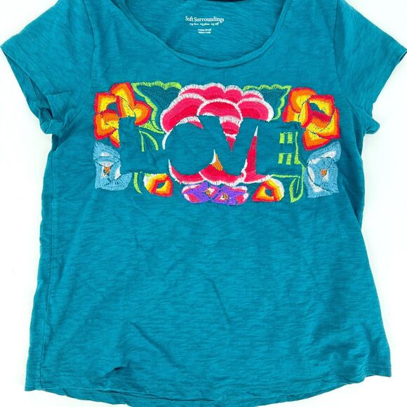 Soft Surrounding LOVE Embroidered Floral Teal Graphic Tee Size SP - Picture 4 of 9